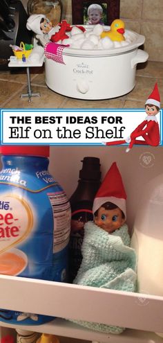 an elf is sitting in the bottom shelf of a refrigerator with milk and other items