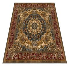 a large rug with an intricate design on the center and sides in red, gold and blue colors