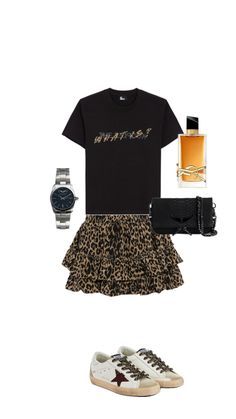 a black shirt, leopard print skirt and white sneakers are featured in this fashion photo