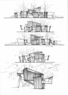 three drawings of different types of buildings