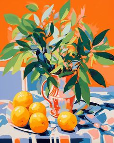 a painting of oranges on a table