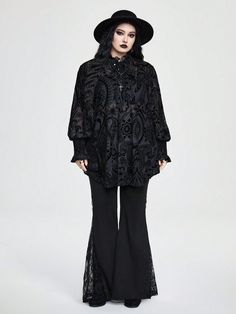 Gothic Vampire Court Style Flocked Sheer Loose Plus Size Top Black Elegant  Extra-Long Sleeve Mesh Fabric Colorblock,Floral,All Over Print Shirt Medium Stretch  Women Plus Clothing, size features are:Bust: ,Length: ,Sleeve Length: Goth Plus Size, Gothic Vampire, All Over Print Shirt, Flare Sleeve Dress, Estilo Hip Hop, Extra Long Sleeves, Oversized Blouse, Loose Fitting Tops, Oversized Top