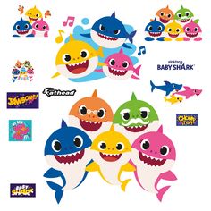 baby shark wall decals with music notes and cartoon sharks in various colors, sizes and shapes