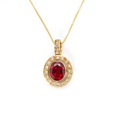 Antique Ruby Pendant set with a Created Ruby in perfect diamond cut, flawless clarity & deep red color, at 10x8mm, 3 Carats, surrounded by CZ Diamonds. Red Vintage Pendant design made of Gold Vermeil ☞ thickest 18k Gold Plating on top of Solid 925 Sterling Silver ☞ made to last. Matching Ring: www.etsy.com/listing/761089210 Matching Earrings: www.etsy.com/listing/963504392 Free Vermeil Chain with every Pendant order, 18 inch Silver chain (46 cm) ✓ Details :  ♥ Each item comes in a cute GIFT BOX ✓ ♥ GUARANTEE on the materials ✓ ♥ Created Ruby - perfect diamond cut & clarity, deep red color ✓ ♥ Pure Solid 925 Sterling Silver ☞ Silver Hallmark on each piece ♕ ♥ Plated with 18K Gold (the thickest plating - 3 Micron) ✓ ♥ Measurements: Created Ruby stone size 10x8mm, 3 Carats ✓ ♥ Each stone is s Oval Fine Jewelry For Valentine's Day, Classic Oval Ruby Necklace, Fine Jewelry Ruby Oval Pendant, Fine Ruby Jewelry With Oval Pendant, Elegant Red Oval Pendant Jewelry, Red Oval Fine Jewelry, Oval Gemstone Jewelry For Valentine's Day, Oval Gold Jewelry With Lab-created Ruby, Fine Red Oval Jewelry