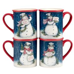 three mugs with snowmen on them sitting side by side in front of each other