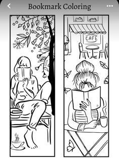 the bookmark coloring page shows two people sitting at a table and one is reading