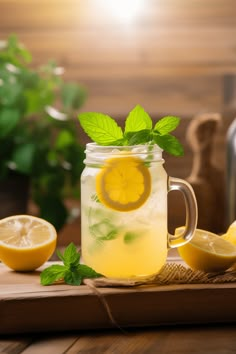 a mason jar filled with lemonade and mint on a cutting board next to sliced lemons