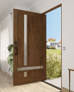 an open wooden door in front of a white wall and wood flooring with a potted plant next to it