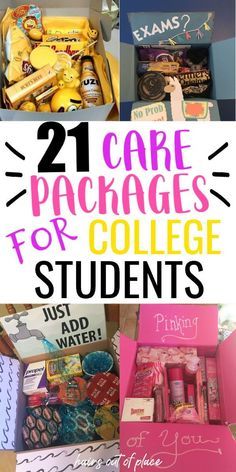 collage of pictures with the words 21 care packages for college students in pink and blue