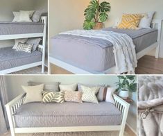 three pictures of a daybed with pillows and blankets on it, one has a plant in the corner