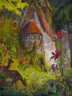 a painting of a house in the woods with flowers and animals around it, surrounded by trees