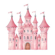 a watercolor drawing of a pink castle with two flags flying from it's roof