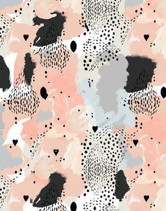 an abstract floral pattern with black and white spots on pink, gray and grey background