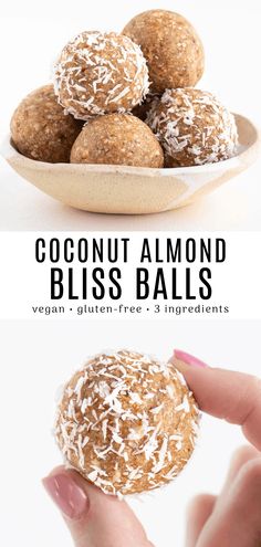 coconut almond bliss balls in a wooden bowl on a white background with text overlay