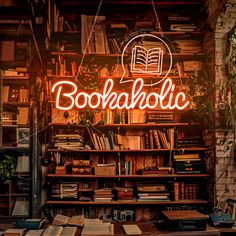 an image of a book shop with books on the shelves and neon sign above it