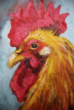 a painting of a rooster with red and yellow feathers