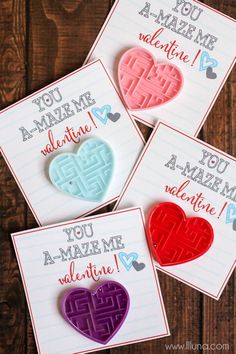 four valentine's day cards with hearts and words on them