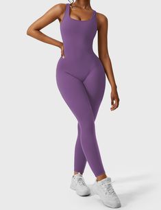 Our Lizvette V-Back Jumpsuit combines style and comfort. Crafted from soft, stretchy double-sided fleece, it ensures all-day comfort. The deep V-back and lifting ruffles enhance your curves, creating a flattering silhouette. Perfect for workouts or casual outings, this jumpsuit is ready to turn heads wherever you go!   Feature     Open back  Deep V and scrunch butt  Removable cup pads  Anti-squat, compression  Moisture wicking fabric  Butter-soft, skin-friendly     Fabric     75% Nylon + 25% Spa Workout Jumpsuit, Fitted Jumpsuit, Sport Bra Top, Soft Skin, Clothes Ideas, Sleeveless Jumpsuits, V Cuts, Gym Wear, The Deep