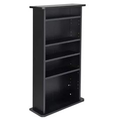 a black bookcase with three shelves on each side and one shelf above the other