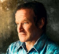 a painting of a man in a blue shirt looking off into the distance with his hand on his chest