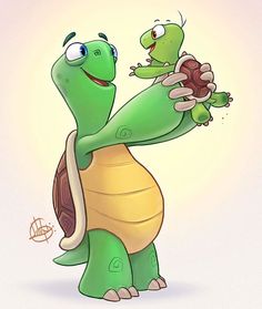 a cartoon turtle holding a baby turtle on its back with one arm and the other hand