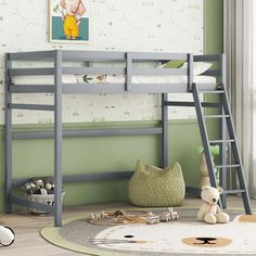 a child's bedroom with a bunk bed, rug and teddy bear on the floor