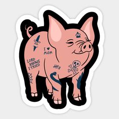 a pink pig with tattoos on it