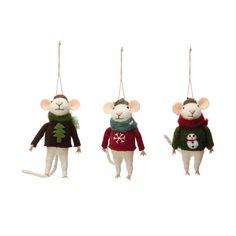 Made out of wool felt, these cute mice ornaments come in 3 styles with festive outfits. Mice Ornaments, Felted Mice, Cute Mice, Felted Christmas, Festive Outfits, Tree Sweater, Gift Subscription Boxes, Felt Mouse, Unique Sweaters