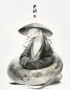 a snake in a hat sitting on top of a white object with chinese characters above it