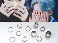 Stackable Silver Rings Material: Stainless Steel Metal, Alloy Size: Various Ring Diameter: 1.6cm - 2cm (Approx.) Rings Type: Fashion Accessories, Party Design: Unisex These are brand new gorgeous fashion round rings like the ones that V and JIMIN wore aaall the time this is actually one of vmin's signature ring look, like they had worn so many times during photoshoots and down time, especially during hyyh era, i think the other members also the rings are simple but i feel like its gorgeoussss re Bts Ring, Jimin Rings, Hands With Rings, Bts Earrings, Pop Jewelry, Signature Rings, How To Wear Rings, Stackable Rings Silver, Silver Jewelry Fashion