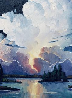 an oil painting of clouds over a lake