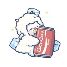 a white teddy bear holding a can of coca - cola with its paws on it