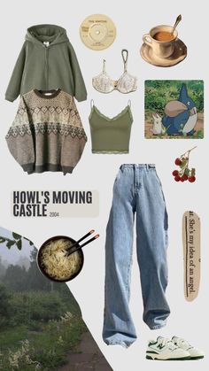 Comfy Cute Clothes Aesthetic, Casual Nature Outfits, Green Based Outfits, Lazy Cottagecore Outfits, Baggy Cottagecore Outfits, Nature Clothing Aesthetic, Green Nature Outfit, Vintage Comfy Outfit, Cute Nature Outfits