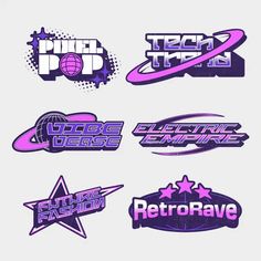 the logos for retro rave are shown in purple and pink colors, with stars on each side