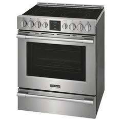 a stainless steel oven with two burners on the front and one in the back