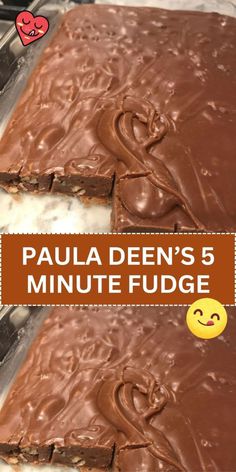 two pieces of cake with chocolate frosting and the words paula den's 5 minute fudge