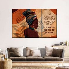 a living room filled with furniture and two paintings on the wall, one has an african woman