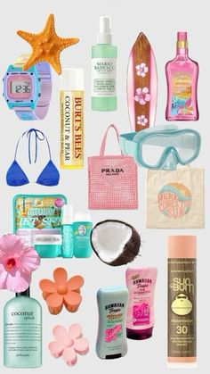 various items are arranged in the shape of a collage, including sunscreen and body lotion