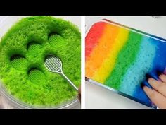 two pictures one with a rainbow cake and the other has a tennis racket in it