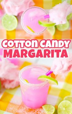 cotton candy margarita cocktail with limes on the side and pink lemonade in the middle