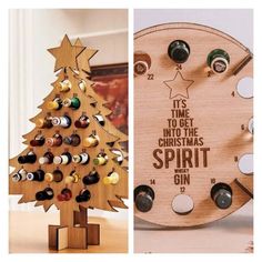 a wooden christmas tree with wine bottles in it and a clock made out of wood