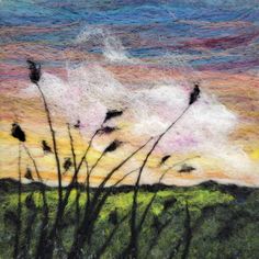 a painting of some grass in front of a sunset with clouds and birds on it