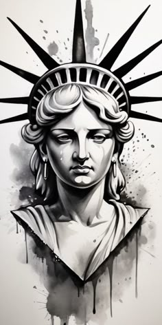 a drawing of the statue of liberty with paint splattered on it's face