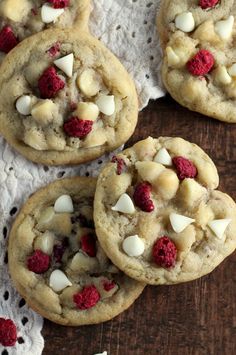 white chocolate raspberry cookies on a wooden table