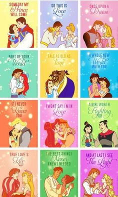 disney princess and prince characters with the same sayings on each one piece of paper