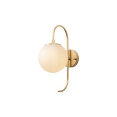 a wall light with a white glass ball on the arm and a gold metal hook