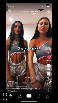 two women in bathing suits with the caption'shark attackk'on them