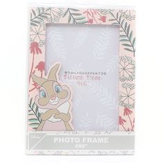 the frame is pink and has an image of a rabbit on it's face