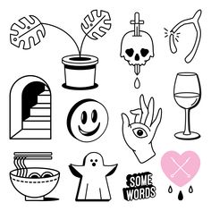 black and white drawing of various items that include skulls, bones, hearts, hands