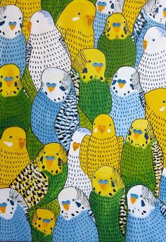 a painting of many different colored birds on a blue and yellow background with black dots